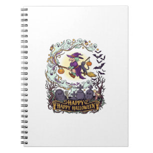 Happy Halloween Witch Broom Black Cat Ghosts_1 Notebook