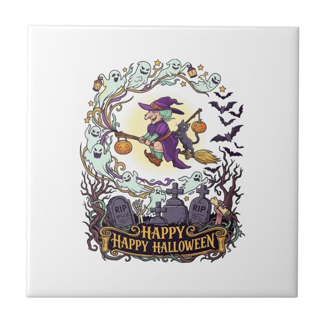 Happy Halloween Witch Broom Black Cat Ghosts_1 Tile (Front)