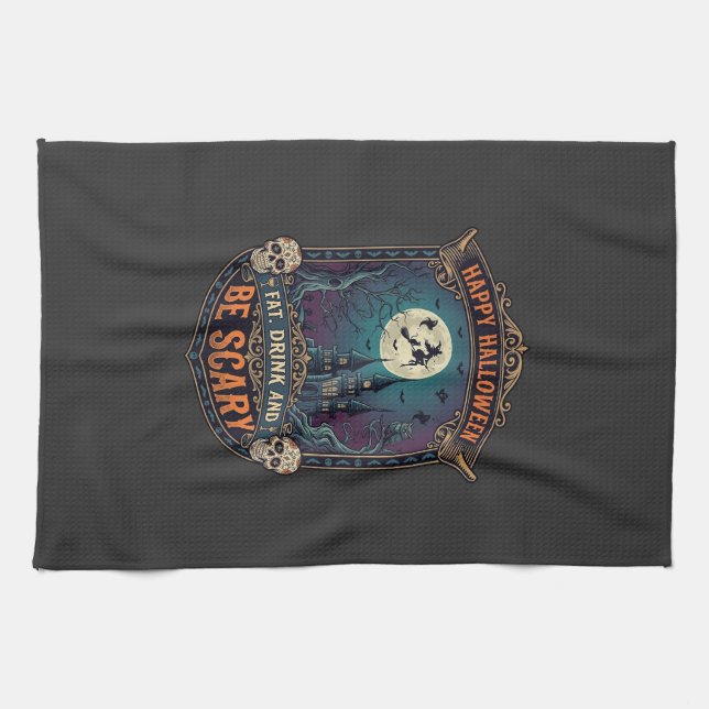 Happy Halloween Witch Castle Skulls Fat Drink Be S Kitchen Towel (Horizontal)