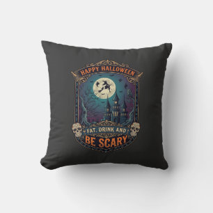 Happy Halloween Witch Castle Skulls Fat Drink Be S Throw Pillow