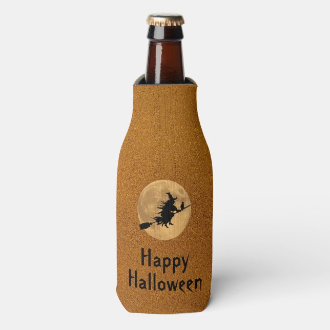 Happy Halloween Witch & Cat on a Broom Silhouette Bottle Cooler (Bottle Front)