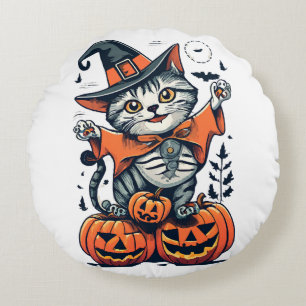 Happy Halloween Witch Cat Round Pillow