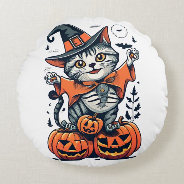 Happy Halloween Witch Cat Round Pillow (Front)