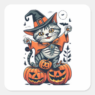 Happy Halloween Witch Cat Square Sticker