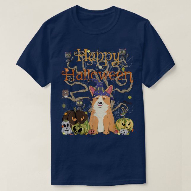 Happy Halloween Witch Corgi Cats Pumpkin Cute Jack T-Shirt (Design Front)