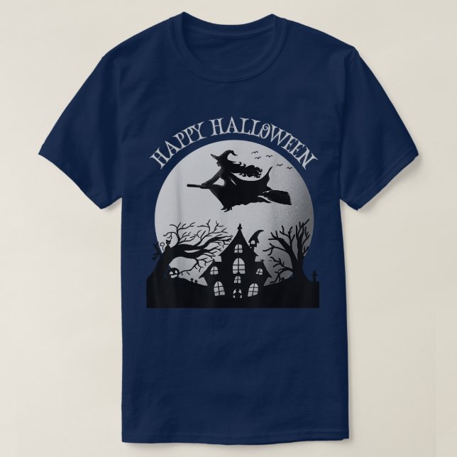 Happy Halloween Witch Flying Over a Haunted House  T-Shirt (Design Front)