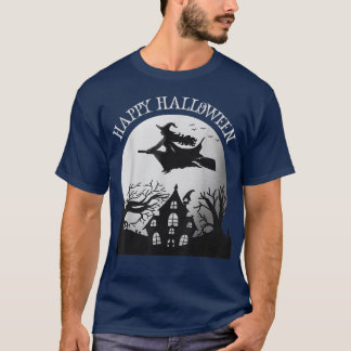 Happy Halloween Witch Flying Over a Haunted House  T-Shirt