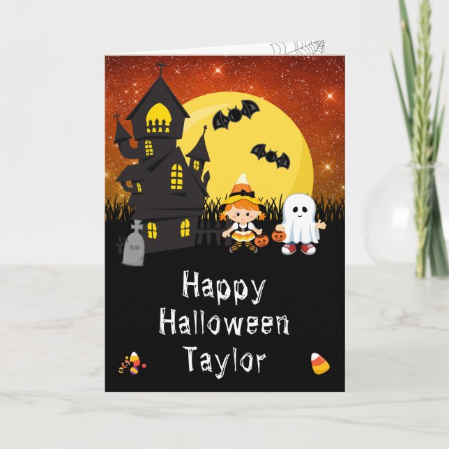Happy Halloween Witch Ghost Orange Card (Front)