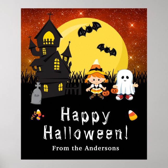 Happy Halloween Witch Ghost Orange Party Sign (Front)