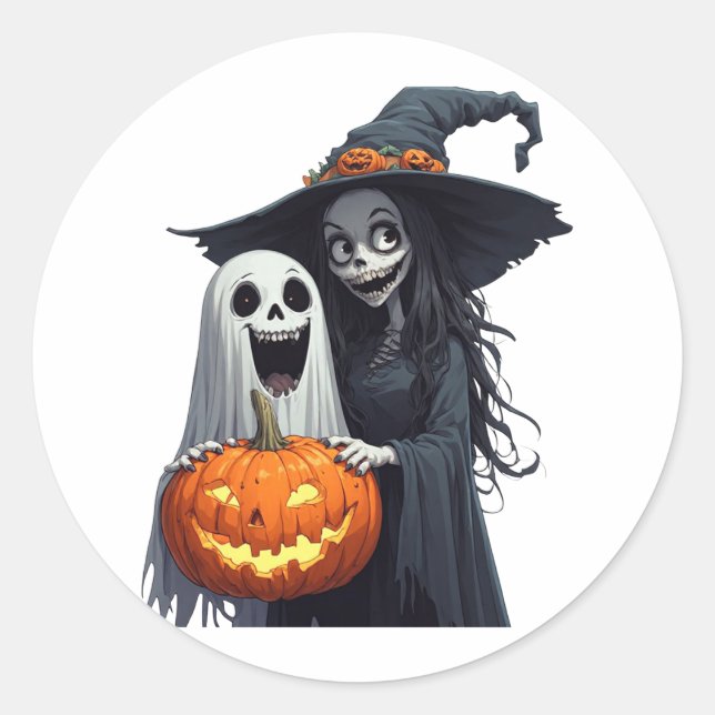 Happy Halloween Witch Ghost Pumpkin 🪄 Classic Round Sticker (Front)