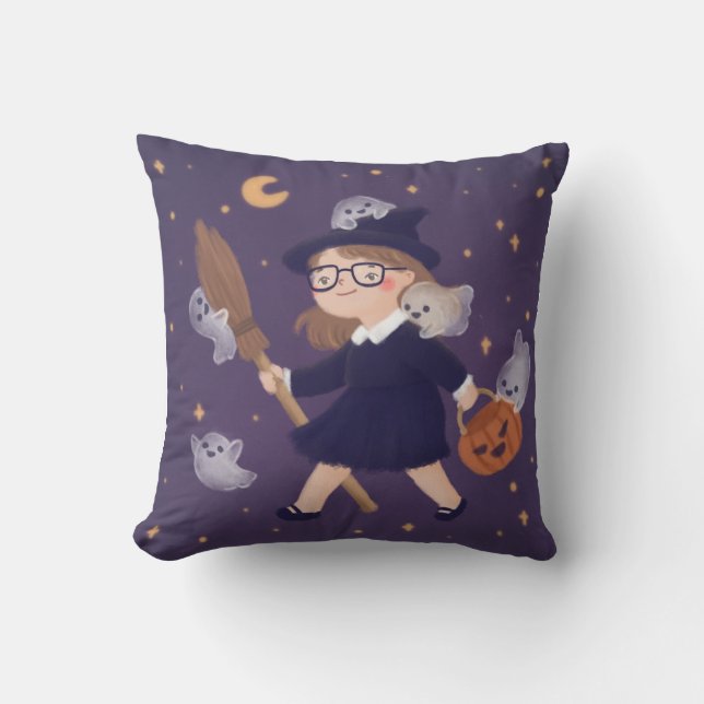 Happy Halloween Witch & Ghosts Throw Pillow (Front)