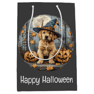 Happy Halloween Witch Golden Retriever Dog Pumpkin Medium Gift Bag