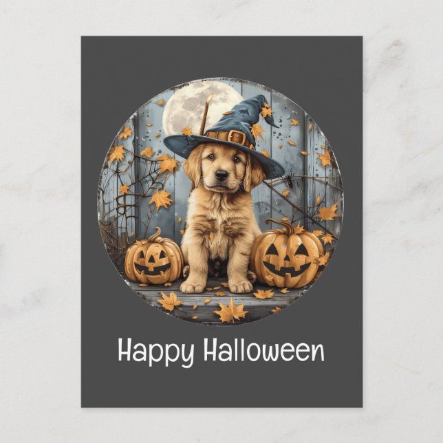 Happy Halloween Witch Golden Retriever Dog Pumpkin Postcard (Front)