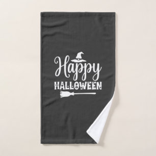 Happy Halloween Witch Hat Broom Design Hand Towel