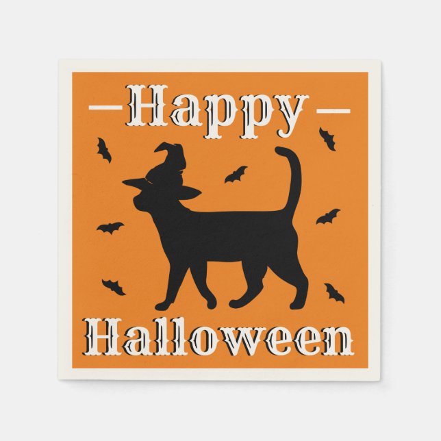 Happy Halloween Witch Hat Cat & Bats Napkin (Front)