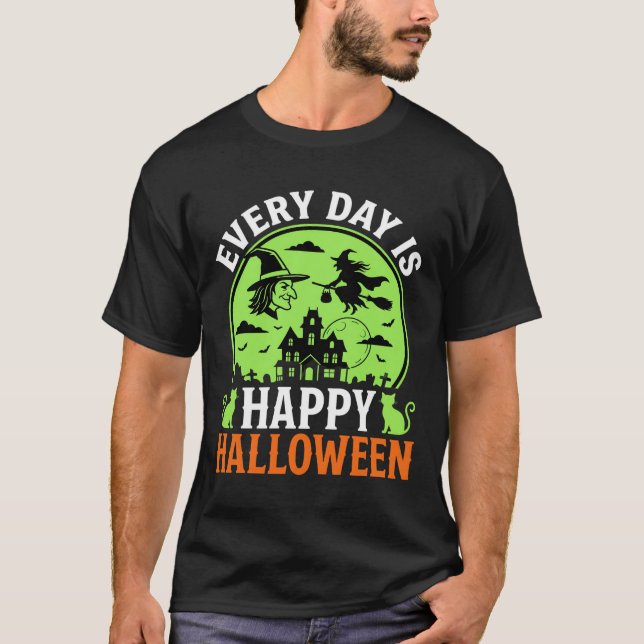 Happy Halloween Witch Haunted House Vector T-Shirt (Front)