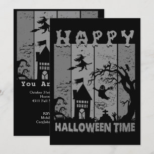 Happy Halloween Witch House Ghost Cemetery B&W Invitation