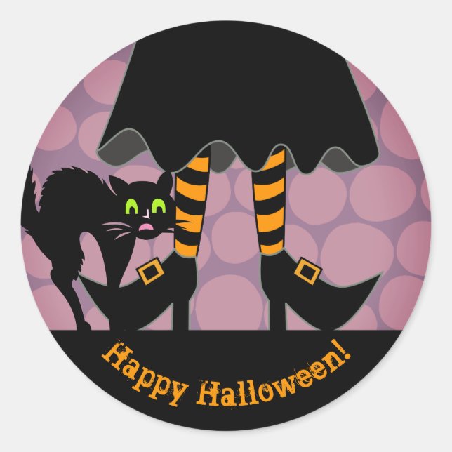 Happy Halloween Witch Legs Black Cat Purple Classic Round Sticker (Front)
