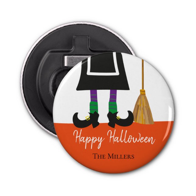 Happy Halloween Witch Legs & Broom Personalized Bottle Opener (Front)