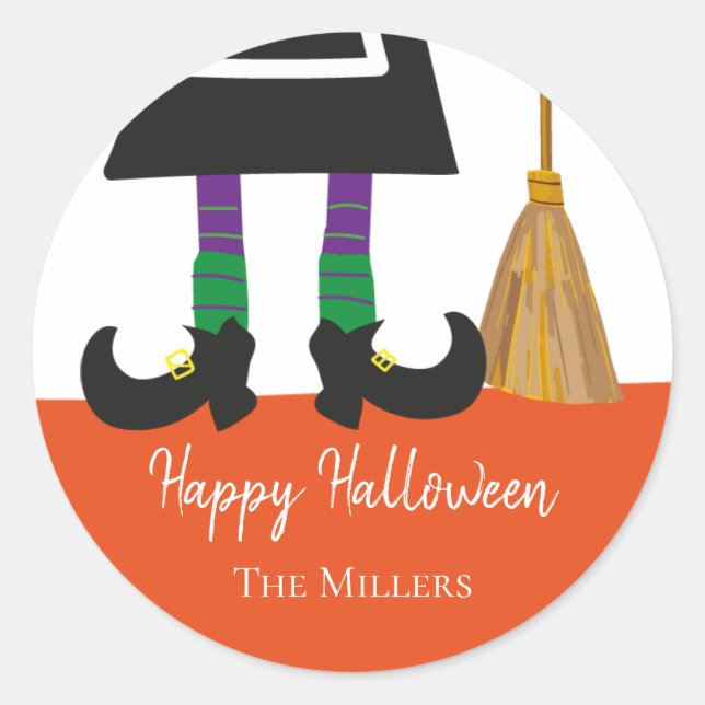 Happy Halloween Witch Legs & Broom Personalized Classic Round Sticker (Front)