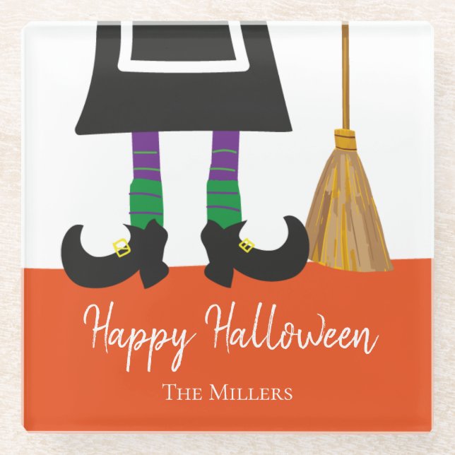 Happy Halloween Witch Legs & Broom Personalized Glass Coaster (Front)