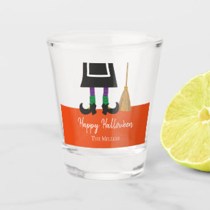 Happy Halloween Witch Legs & Broom Personalized Shot Glass