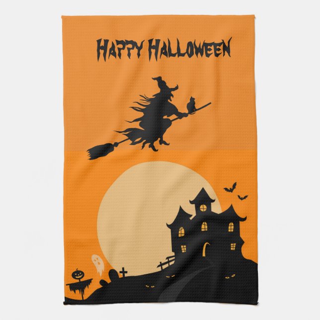 Happy Halloween Witch on a broom Kitchen Towel (Vertical)