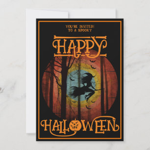 Happy Halloween Witch On Broom Costume Party Invitation
