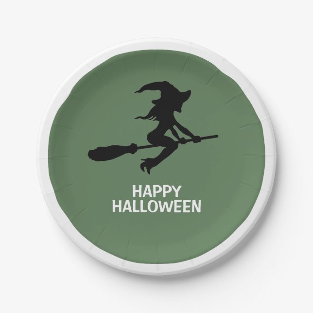 Happy Halloween, Witch On Broomstick Paper Plate (Front)