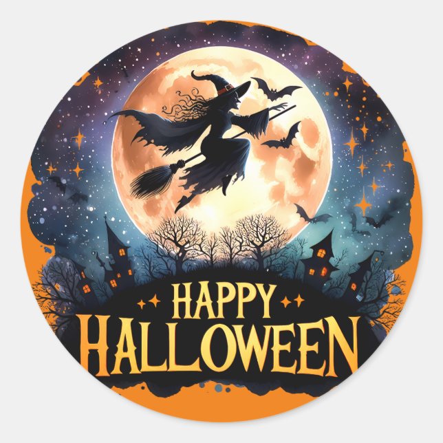 Happy Halloween - Witch on flying Broom  Classic Round Sticker (Front)