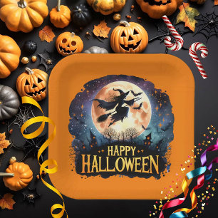 Happy Halloween - Witch on flying Broom Paper Plate