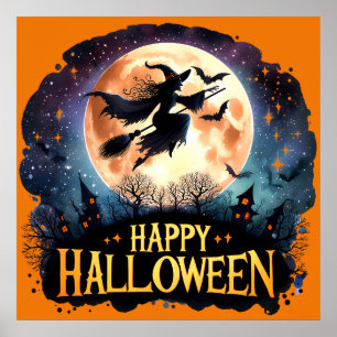 Happy Halloween - Witch on flying Broom Poster