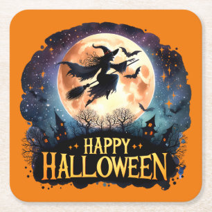 Happy Halloween - Witch on flying Broom  Square Paper Coaster