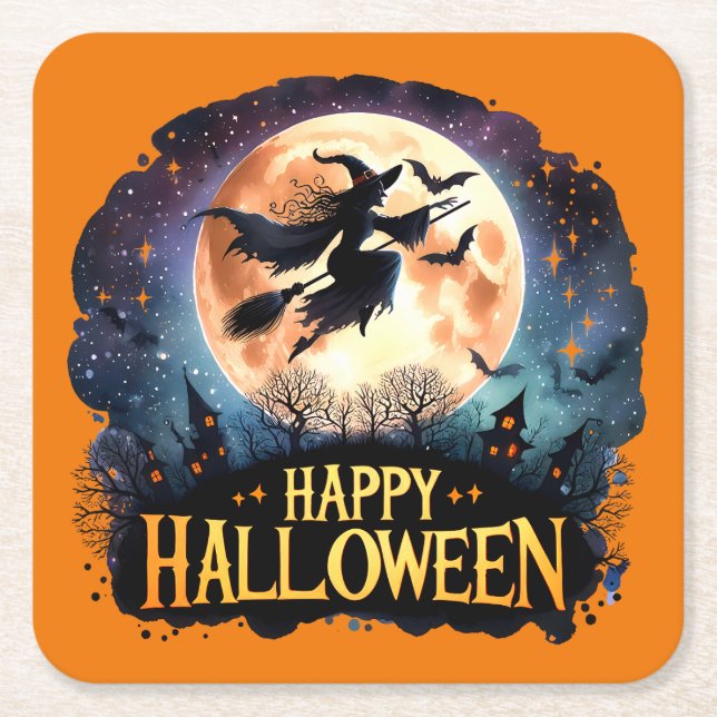 Happy Halloween - Witch on flying Broom  Square Paper Coaster (Front)