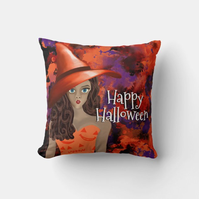 Happy Halloween Witch Orange Black Purple Abstract Throw Pillow (Front)