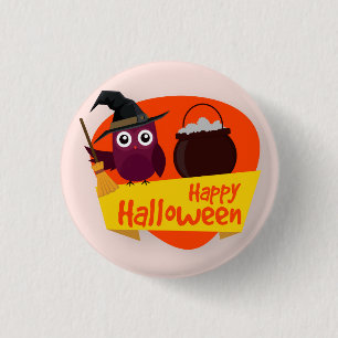 Happy Halloween Witch Owl Pin Button