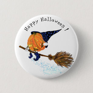 Happy Halloween Witch Pumpkin Flying Broom - Fun 2 Inch Round Button