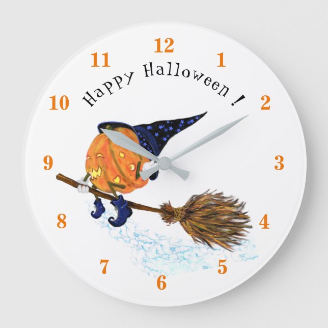 Happy Halloween Witch Pumpkin Flying Broom - Fun Large Clock (Front)