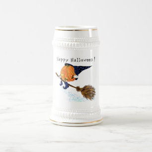 Happy Halloween Witch Pumpkin Flying Broom - Funny Beer Stein