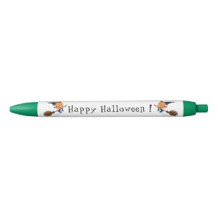 Happy Halloween Witch Pumpkin Flying Broom - Funny Blue Ink Pen