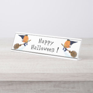 Happy Halloween Witch Pumpkin Flying Broom - Funny Desk Name Plate