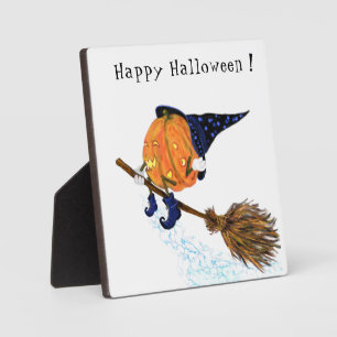 Happy Halloween Witch Pumpkin Flying Broom - Funny Plaque