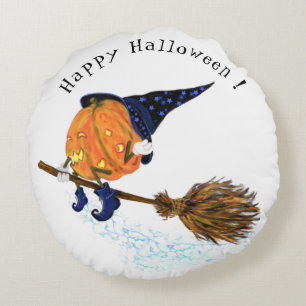 Happy Halloween Witch Pumpkin Flying Broom - Funny Round Pillow