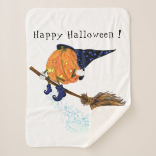 Happy Halloween Witch Pumpkin Flying Broom - Funny Sherpa Blanket