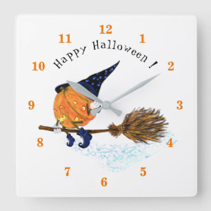 Happy Halloween Witch Pumpkin Flying Broom - Funny Square Wall Clock