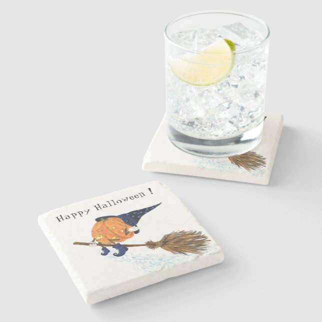Happy Halloween Witch Pumpkin Flying Broom - Funny Stone Coaster (Side)