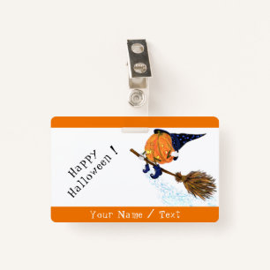 Happy Halloween Witch Pumpkin Flying - Text / Name Badge