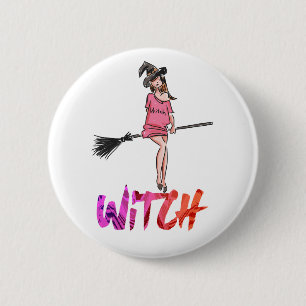 Happy Halloween Witch Setting on Broom 2 Inch Round Button