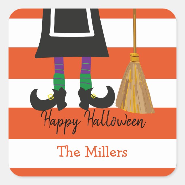 Happy Halloween Witch Stripes Square Sticker (Front)