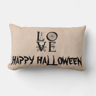 Happy Halloween Witch with her Broom Burlap Throw Lumbar Pillow